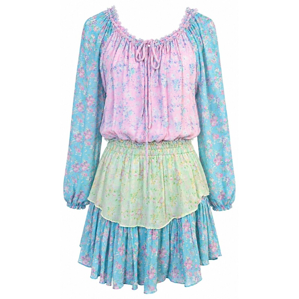 LoveShackFancy Floral Colorblock Mini Dress Size Large Pink Blue Green Ruffle